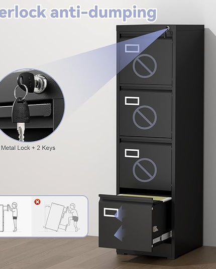 4 Drawer File Cabinet with Lock,Metal Filing Cabinets for Home Office 4 Drawer,Locking File Cabinet for Letter/Legal/A4/F4 Size,Assembly Require,Black
