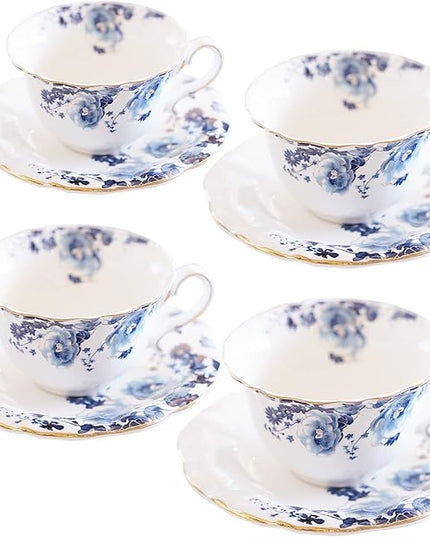 Jomop Ceramic Tea Cups Coffee Cup and Saucers Set of 4 (Blue and White)