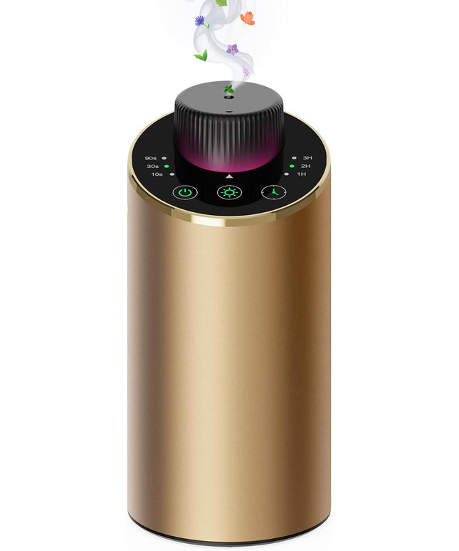 Waterless Essential Oil Diffuser Scent Aromatherapy Diffusers for Home Large Room, Car, Office, Portable Battery Operated Cordless Air Freshener, 4 Timers & 3 Mist Levels, 100ml Capacity (Golden)