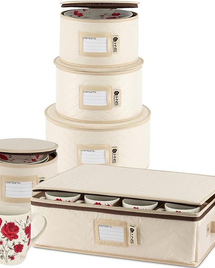 Hard Shell China Storage Containers 5-Piece Set Moving Boxes for Dinnerware, Glasses, Plates, Mugs and Saucers Sturdy Dish Organizer with Dividers for Seasonal Storage - Service for 12 - Beige Quilted