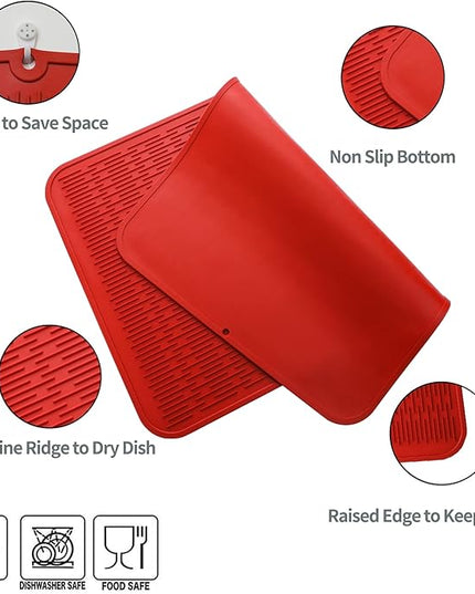 Silicone Dish Drying Mat for Multiple Usage,Easy clean,Eco-friendly,Heat-resistant Silicone Mat for Kitchen Counter or Sink,Refrigerator or Drawer Liner Red 3XL 28 inches x 18 inches