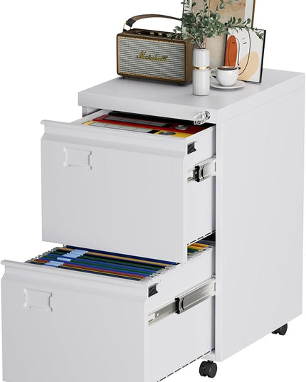 METAN 2 Drawer Vertical File Cabinet with Lock, Mobile Metal Filing Cabinet for Legal/Letter Size, Office Storage File Cabinet Under Desk with Card Holder,Assembly Required,White