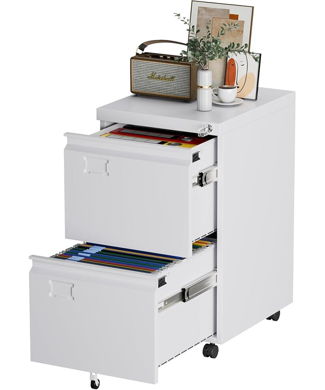 METAN 2 Drawer Vertical File Cabinet with Lock, Mobile Metal Filing Cabinet for Legal/Letter Size, Office Storage File Cabinet Under Desk with Card Holder,Assembly Required,White