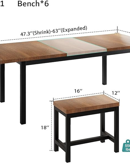iPormis 7-Piece Dining Table Set with 6 Stools, 63" Extendable Kitchen Table Set for 4-8, Modern Dining Room Table with Sturdy Metal Frame, Space-Saving Dinette, Walnut