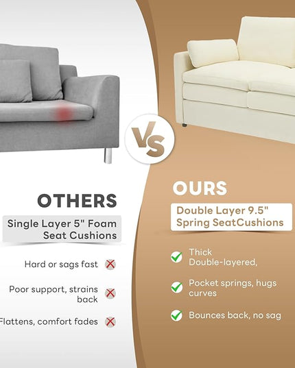 Tbfit 89" Cloud Modern Sofa, Comfy 3-Seater Couch w/Pillows, Pocketed Spring Seats, Plush Foam Cushions, Chenille Fabric Removable Cover, Soft Upholstered Living Room Furniture Home Apartment, Beige