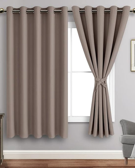 JIUZHEN Tan Blackout Curtains with Tiebacks - Thermal Insulated, Light Blocking and Noise Reducing Grommet Curtains for Bedroom and Living Room, Set of 2 Window Curtain Panels, 60 x 63 Inch Length