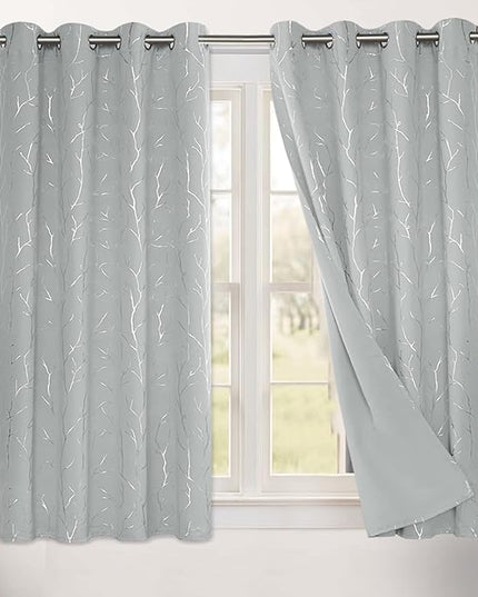 BUHUA Floral Branch Print Blackout Curtains for Living Room Darkening Curtains Print Pattern Light Blocking Curtains for Bedroom 52W×63L Silver Grey 2 Panels