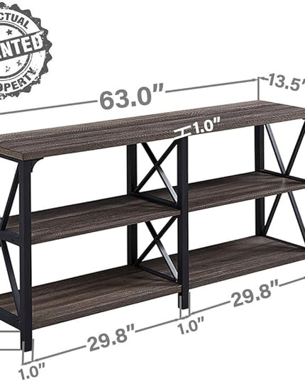 LVB Rustic Console Table, Industrial Modern Sofa Table Behind Couch, Long Metal Wood Entryway Table with Storage Shelf, Farmhouse Foyer Hallway Table for Home Living Room Bedroom, Dark Gray Oak, 63 in