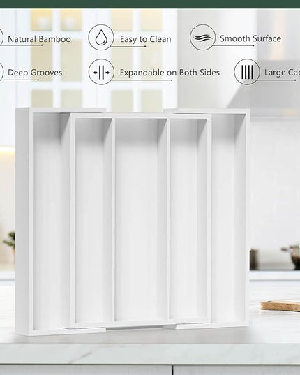 Utensil Organizer for Kitchen Drawers - Bamboo Silverware Tray Expandable 5 Slots Drawer Organizer for Office and Pantry Supplies W13.7-19.9" x L17.6 X H2.5 (White)