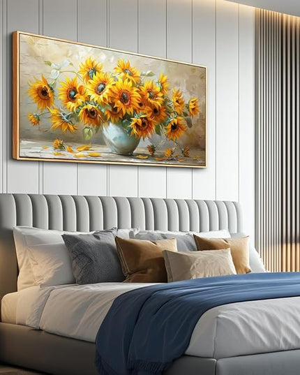 PHAOHUAXM Large Canvas Wall Art For Living Room Wall Decor Vintage Printing Yellow Flower Paintings Dining Room Bedroom Bathroom Kitchen Wall Painting Home Decor Wood Frame Ready To Hang 20x40 In