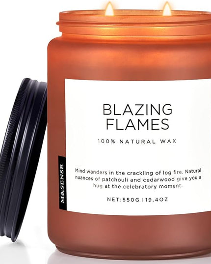 M&SENSE Blazing Flames Scented Candles with Log Fire - Patchouli & Cedarwood, Large Natural Soy 19.4oz 110 Hour Long Lasting Non Toxic Clean Burn Candle Gifts for Men Women