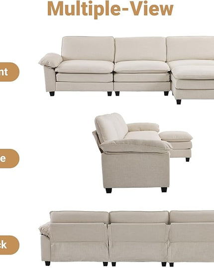 VINGLI 121" Deep Cloud Couch, Lazy Modular Sectional Sofa Set for Living Room,Modern Linen 3-Seat Convertible Loveseat Sofa with 1 Ottoman for Small Space（Beige）