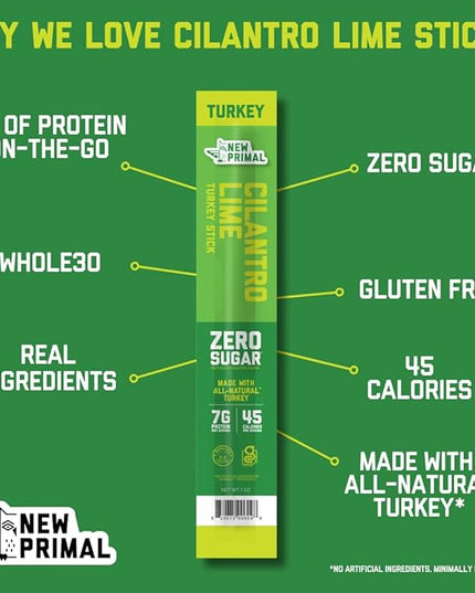 New Primal Cilantro Lime Turkey Sticks, Keto, Gluten Free Healthy Snacks for Adults, Sugar Free Low Carb High Protein, Paleo Whole30 Jerky Meat Stick, 7g Protein, 45 Calories, 1oz (Pack of 20)