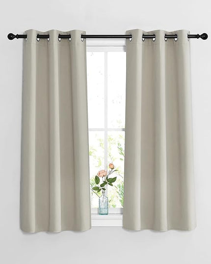 NICETOWN Blackout Bedroom Curtains 48 inches Long - Window Treatment Thermal Insulated Solid Grommet Room Darkening Privacy Sound Reducing for Kitchen (Natural, Set of 2, W37 x L48)