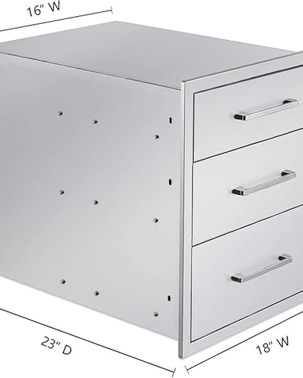 Outdoor Kitchen Drawers Stainless Steel 3-Drawer BBQ Drawer 18" W x 21" H x 23" D Enclosed Built-in Drawer Flush Mount for Outdoor Kitchens & BBQ Islands