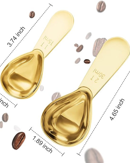Stainless steel coffee scoop 2-piece set (1 tbsp, 2 tbsp) durable Tablespoon, ergonomic measuring spoon, Suitable for small and large jars，short-handled spoon (Gold)