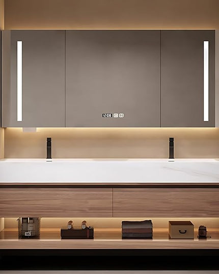 Luxury Bathroom Vanities, Defogging LED Lighted Mirror, Bathroom Cabinet with Solid Wood & Double Integrated Sink, Bathroom Vanity (Light Brown, 76'')