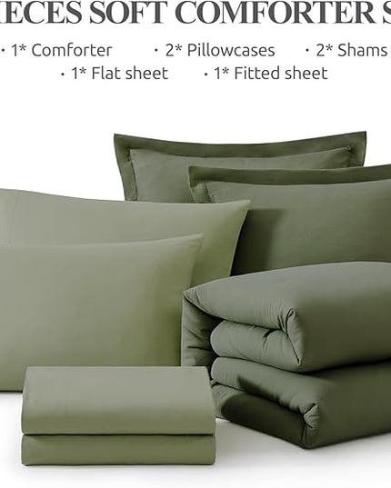WRENSONGE King Size Comforter Set- 7 Pieces Soft Olive Green Bed in a Bag King with Fitted Sheet, Flat Sheet, 2 Pillow Shams, and 2 Pillowcases-Warm King Bedding Set for All Season