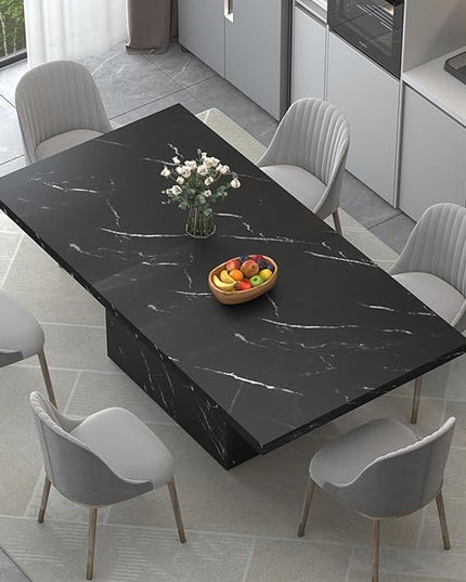 HSH 71” Black Dining Table for 6-8, Rectangle Modern Faux Marble Dinner Table, Large Dining Room Table for Kitchen Living Room, Industrial Wood Kitchen Table only with Sturdy Base, Black, 71 Inch