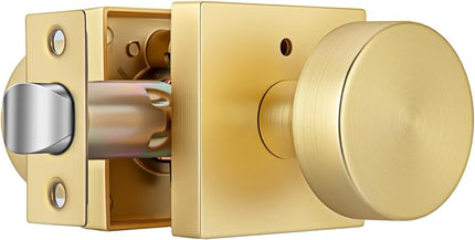 Gold Door Knobs Interior, Heavy Duty Brushed Gold Interior Door Knob, Square Bathroom/Bedroom Door Knob with Lock, Zinc Alloy Indoor DoorKnob (1 Pack)