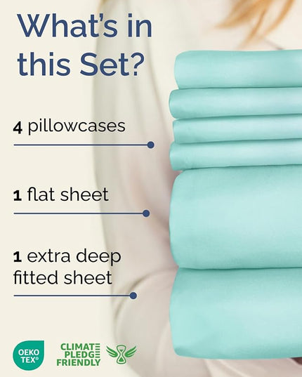 Extra Deep Queen Sheet Set - 6 Piece Breathable & Cooling Sheets - Hotel Luxury Bed Sheets Set - Easy & Secure Fit - Soft, Wrinkle Free & Comfy Sheets Set - Spa Blue Sheet Set with Extra Deep Pockets
