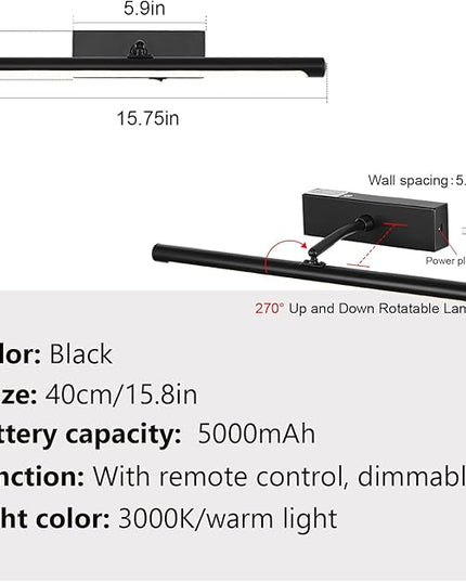 Picture Light for Wall Battery Operated, 16" Rechargeable Art Light with Remote and Timer for Painting, 3 Color Temps, Wireless Wall Light for Display, Artwork, Portrait, Gallery, Black