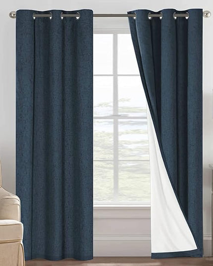 H.VERSAILTEX Primitive Linen Blackout Curtains with Burlap Fabric and White Thermal Insulated Liner, Grommet Top Curtains for Living Room/Bedroom (2 Panels, 42 x 84 Inch, Navy)
