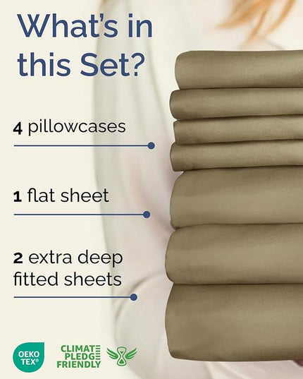 Extra Deep Split King Sheet Set - 7 Piece Breathable & Cooling Sheets - Hotel Luxury Bed Sheets Set - Easy & Secure Fit - Soft, Wrinkle Free & Comfy Sheets Set - Khaki Sheet Set w/Extra Deep Pockets