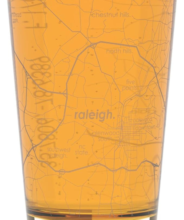 Well Told Engraved Raleigh North Carolina Map Pint Glass, Etched Beer Gift (16 oz, Clear) City Map Pint, Custom City Glassware, Gifts For Beer Lovers
