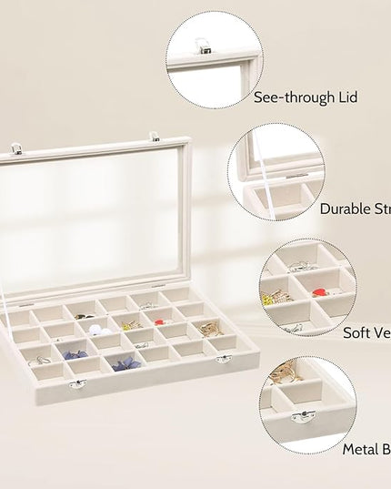 Stratalife Jewelry Organizer Jewelry Tray with Lid See-through Display Showcase Large Earring Organizer Velvet Storage Box for Earring Necklace Rings Dice Beige (24 Grids)