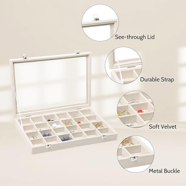 Stratalife Jewelry Organizer Jewelry Tray with Lid See-through Display Showcase Large Earring Organizer Velvet Storage Box for Earring Necklace Rings Dice Beige (24 Grids)