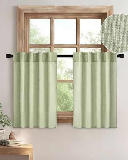 MIULEE Sage Green Kitchen Curtains 36 Inch Length 2 Panels, Soft Thick Linen Textured Semi Sheer Light Filtering Short Cafe Tier Curtains for Small Half Window Bathroom Laundry Back Tab Rod Pocket