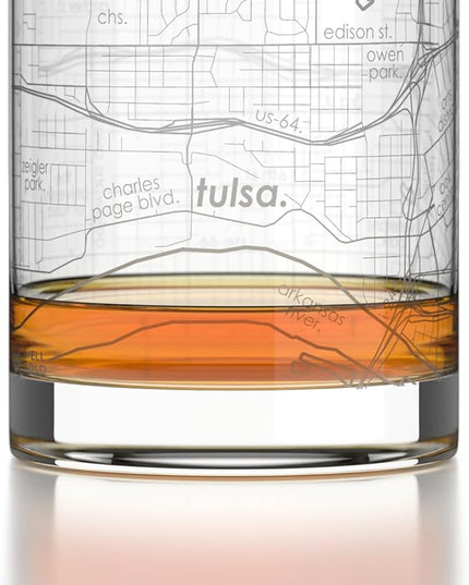 Well Told Engraved Tulsa Oklahoma Map Rocks Glass, Old Fashioned Glassware (11 oz, Clear) Etched Bourbon Tumbler, Gifts For Whiskey Lovers