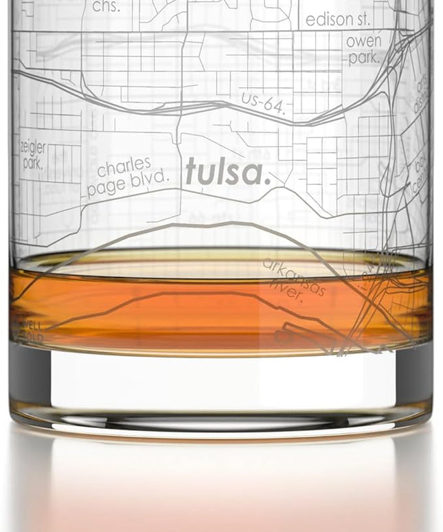 Well Told Engraved Tulsa Oklahoma Map Rocks Glass, Old Fashioned Glassware (11 oz, Clear) Etched Bourbon Tumbler, Gifts For Whiskey Lovers
