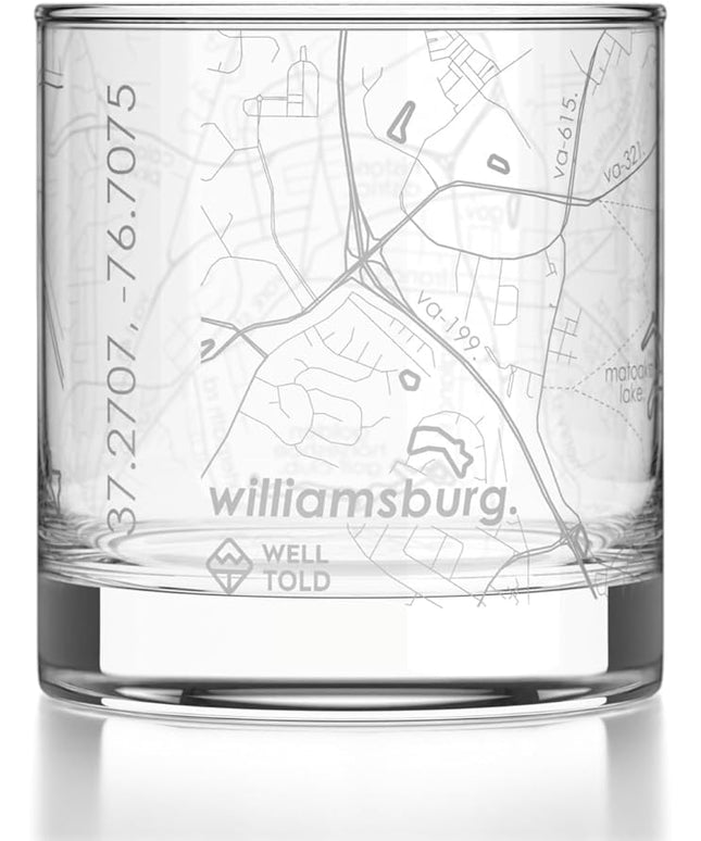 Well Told Engraved Williamsburg Virginia Map Rocks Glass, Old Fashioned Glassware (11 oz, Clear) Etched Bourbon Tumbler, Gifts For Whiskey Lovers