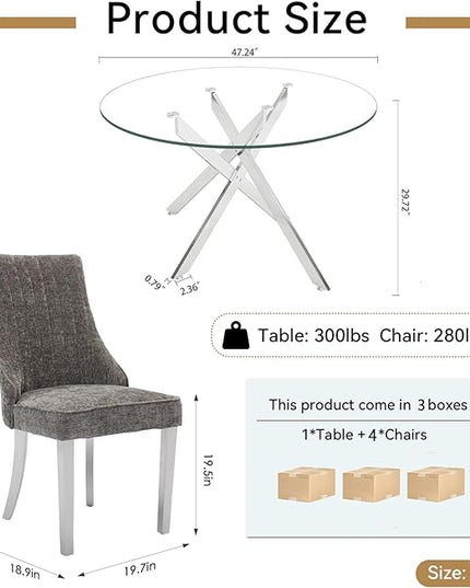 Round Glass Dining Table Set for 4, 47'' Clear Circular Kitchen Table and Chairs Set, 5PCS Modern Circle Dining Room Table Set with 4 Dining Chair for Home