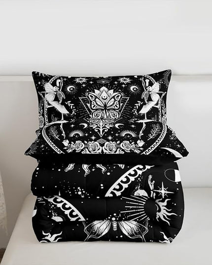 Sun Moon Kids Comforter Set Twin Size,Starry Sky Galaxy Trippy Bedding Set,Boys Girls Adults Room Decor,Butterfly Skeleton Rose Flowers Boho Down Comforter,Black White Duvet Insert,1 Pillowcase