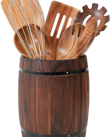 Tomato Garden Wooden Utensil Holder, Brown, Barrel Shape, Holds Spoons and Scoops, Wine Barrel Design, Painted, Smooth Surface, Sturdy Construction
