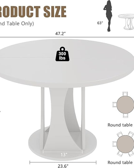 Round Dining Table for 4-6, Kitchen Table with Sturdy Double Arc & Rounded Base & Backboard Clasp Desktop, Mid-Century Modern Circle Dinner Table for Dining Living Room, Space Saving, White