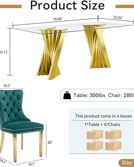 5 Piece Glass Dining Table Set,70" Dinner Room Glass Table Set for 4,Modern Kitchen Dinner Table Set with Stainless Steel Base and 4 Upholstered Velvet Dining Chairs for Living Dining Room