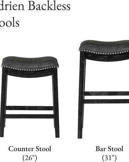 Maven Lane Adrien Backless Bar Stool – Set of 2 – 31 Inch Saddle Seat with Footrest – Black Solid Wood Frame & Grey Faux Leather Upholstery – Ideal for Bars, Pub Tables & Tall Kitchen Counters