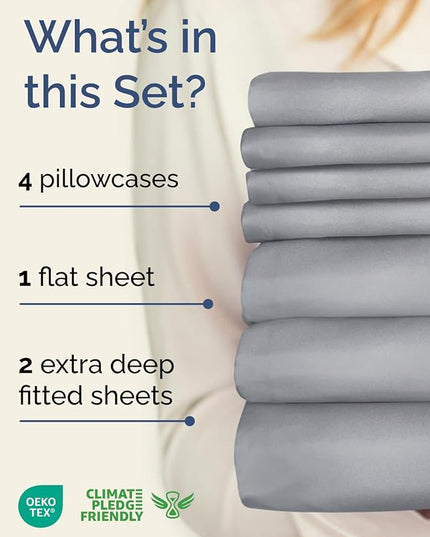 Extra Deep Split King Sheet Set - 7 Piece Breathable & Cooling Sheets - Hotel Luxury Bed Sheets Set - Easy Fit - Soft, Wrinkle Free & Comfy Sheets Set - Steel Blue Sheet Set with Extra Deep Pockets