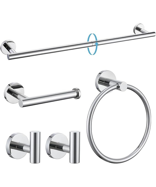 TURS Chrome 5 Piece Bathroom Hardware Set, SUS304 Stainless Steel 24 Inch Bath Towel Bar Set, Round Bathroom Accessories Kit Wall Mounted