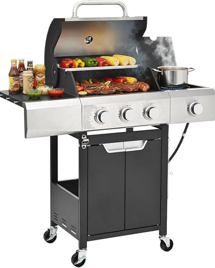 40,500 BTU 3-Burner Propane Gas Grill with Side Burner,Stainless Steel Outdoor BBQ Grill Portable with Wheels and Cast Iron Grates for Patio Garden Barbecue Cooking