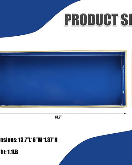 Blue Bathroom Vanity Tray for Countertop, Small Plastic Toilet Tank Versatile Storage & Organization Tray for Makeup, Perfume, Desk, Kitchen, Candles, 13.7"x6"x1.4", 35HB