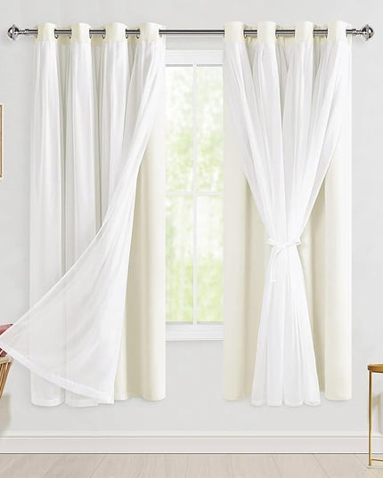 Hiasan Ivory Blackout Curtains with Sheer Overlay, Grommet Thermal Insulated Mix & Match Double Layer Window Curtains for Girls Bedroom, Living Room, 2 Panels Sewn with Tiebacks, 52W X 63L