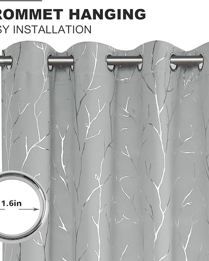 BUHUA Floral Branch Print Blackout Curtains for Living Room Darkening Curtains Print Pattern Light Blocking Curtains for Bedroom 52W×63L Silver Grey 2 Panels