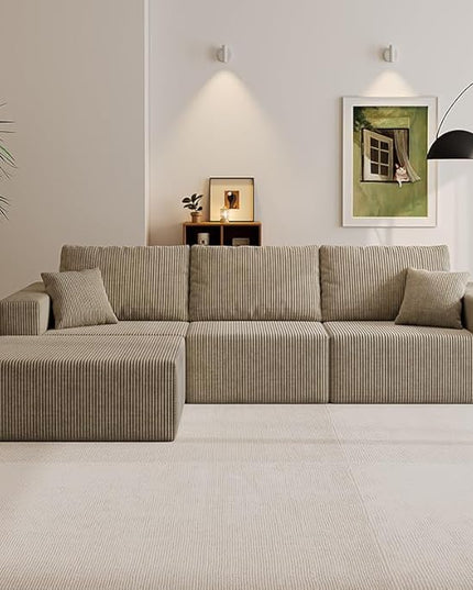 110" Boneless Cloud Sectional Couch for Living Room, Compressed Modular L-Shaped Sofa with Deep Seat, Frameless Corduroy Couch in Boxes, No Assembly Required 3-Seater (Left-Facing Chaise, Grey)
