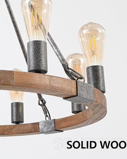 Farmhouse Wooden Wagon Wheel Chandelier 8 Lights 23.8'' Vintage Wood Round Chandelier Rustic Black Pendant Light Fixtures for Living Dining Room Kitchen Entryway Foyer