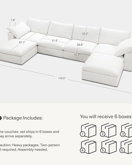 Cloud Couch Oversized Modular Sectional Sofa True Relax Comfy Couches Wide&Deep Seat Sofas for Living Room Metal Frame Furniture Sets, 4 Seater with 2 Ottomans Storage 141.7" Width